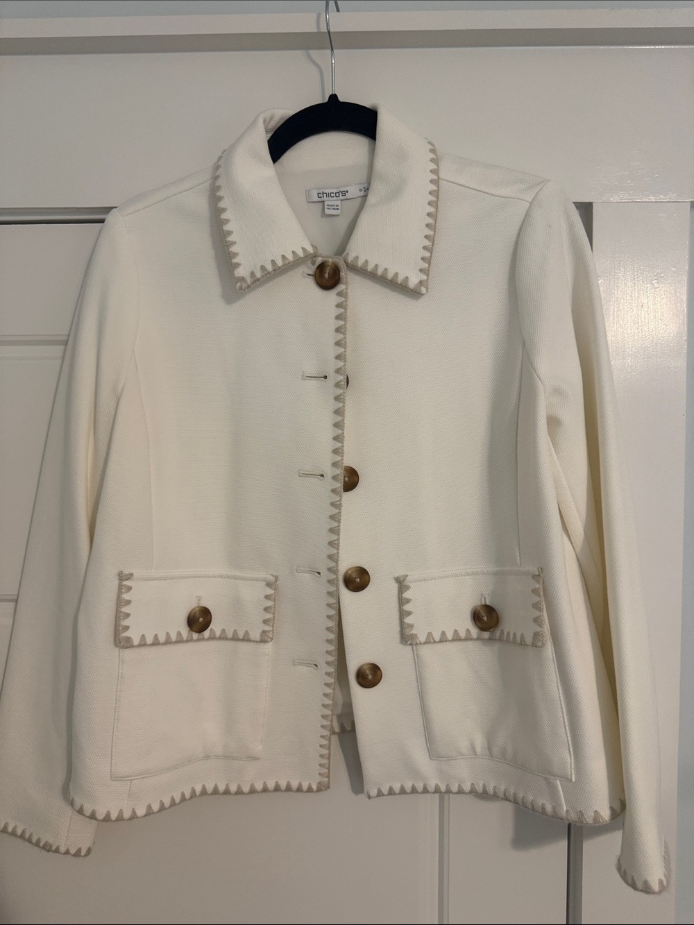 Chico's Cream Blazer with Taupe Zigzag Trim and Wood Buttons